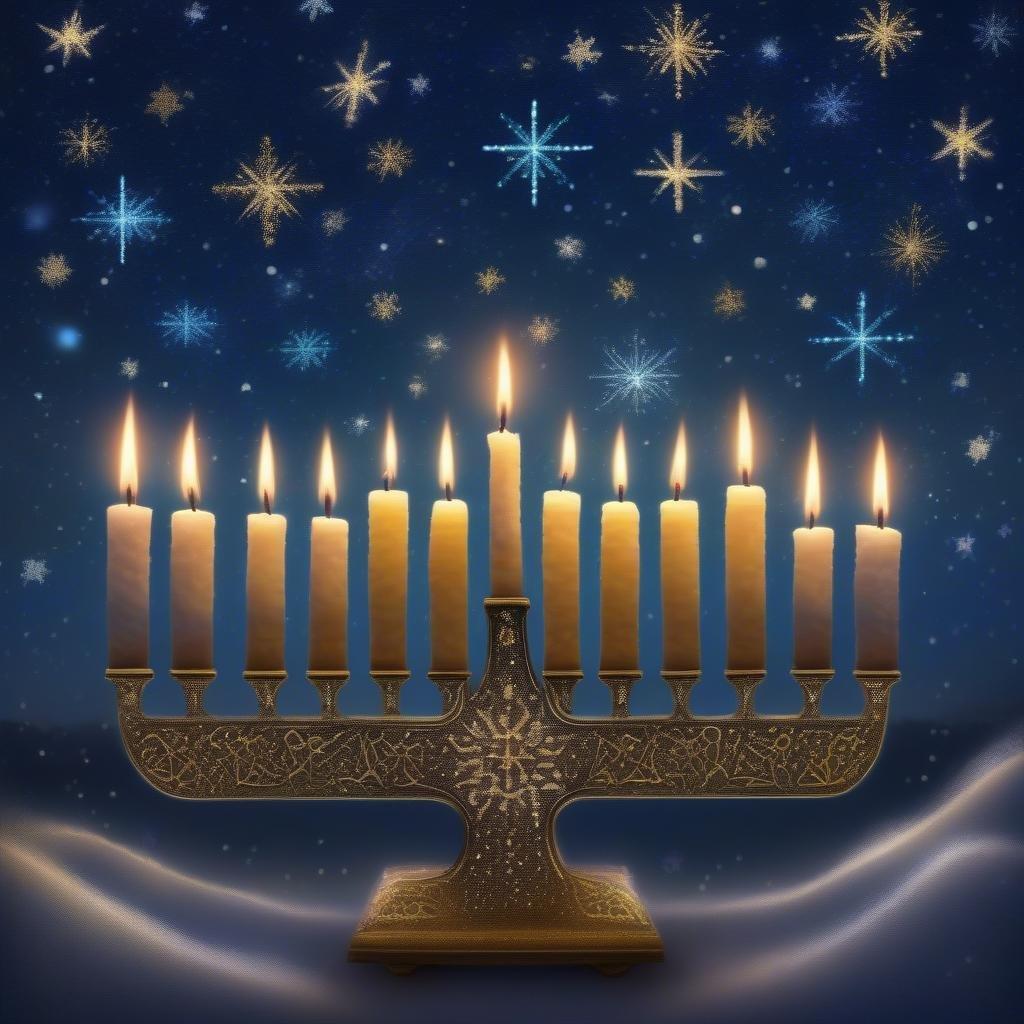 Lighting up the night: A stunning Hanukkah wallpaper featuring a menorah with nine lit candles, set against a backdrop of twinkling stars and a serene blue sky. Perfect for adding a touch of warmth and celebration to your desktop or mobile device.