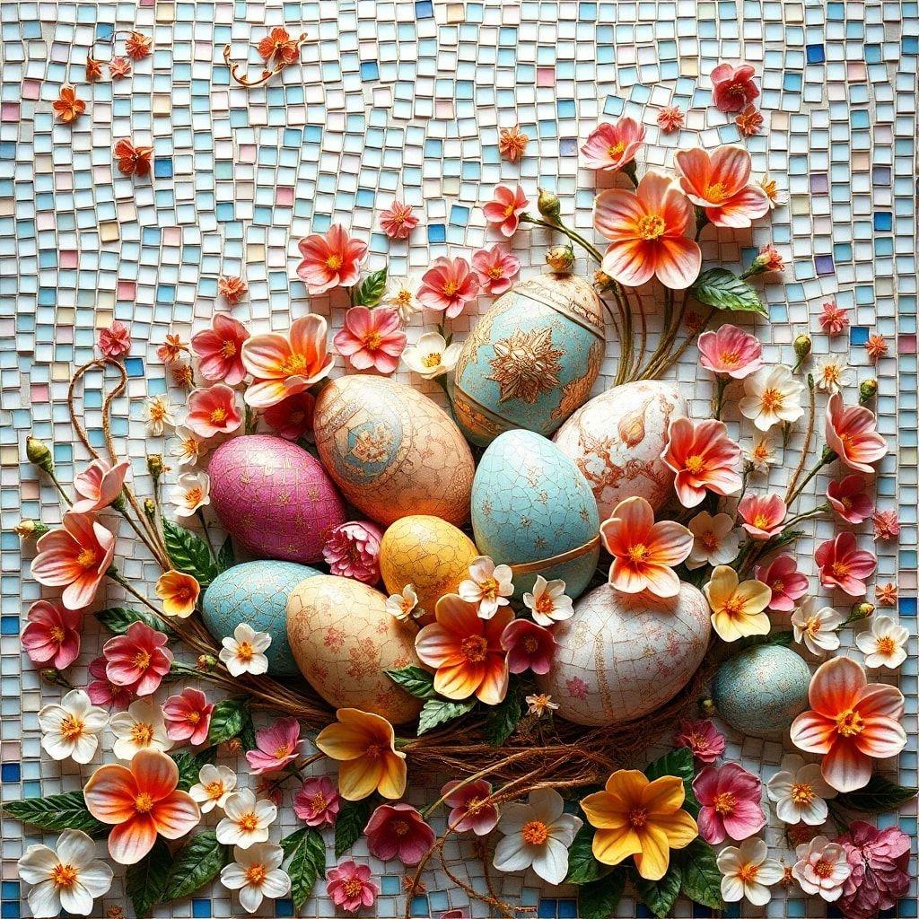 This wallpaper is perfect for the Easter season, featuring colorful eggs and flowers in a beautiful mosaic pattern. It's a great way to add some festive flair to your desktop or mobile device.