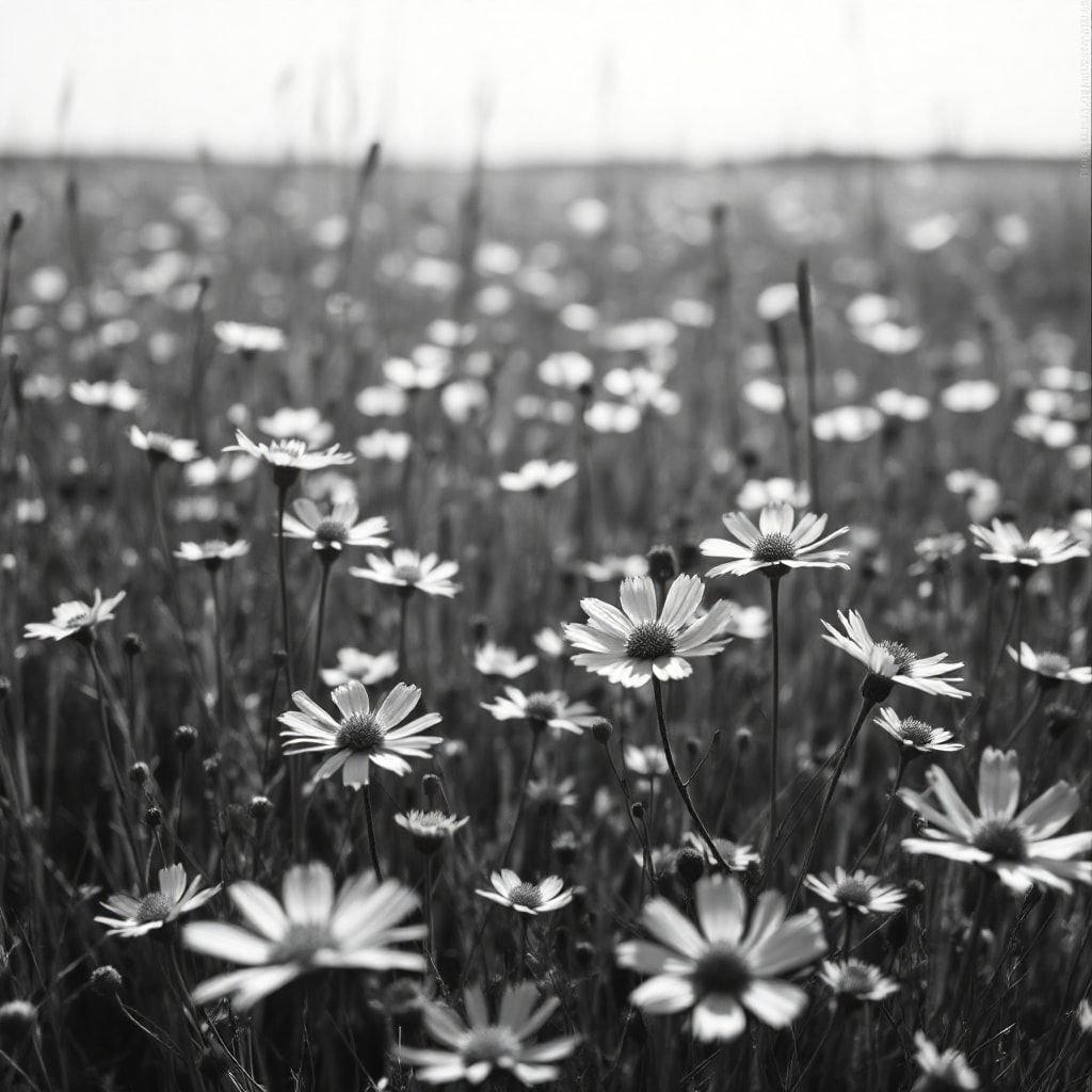 A black and white photograph capturing the delicate beauty of daisies blooming in a field.