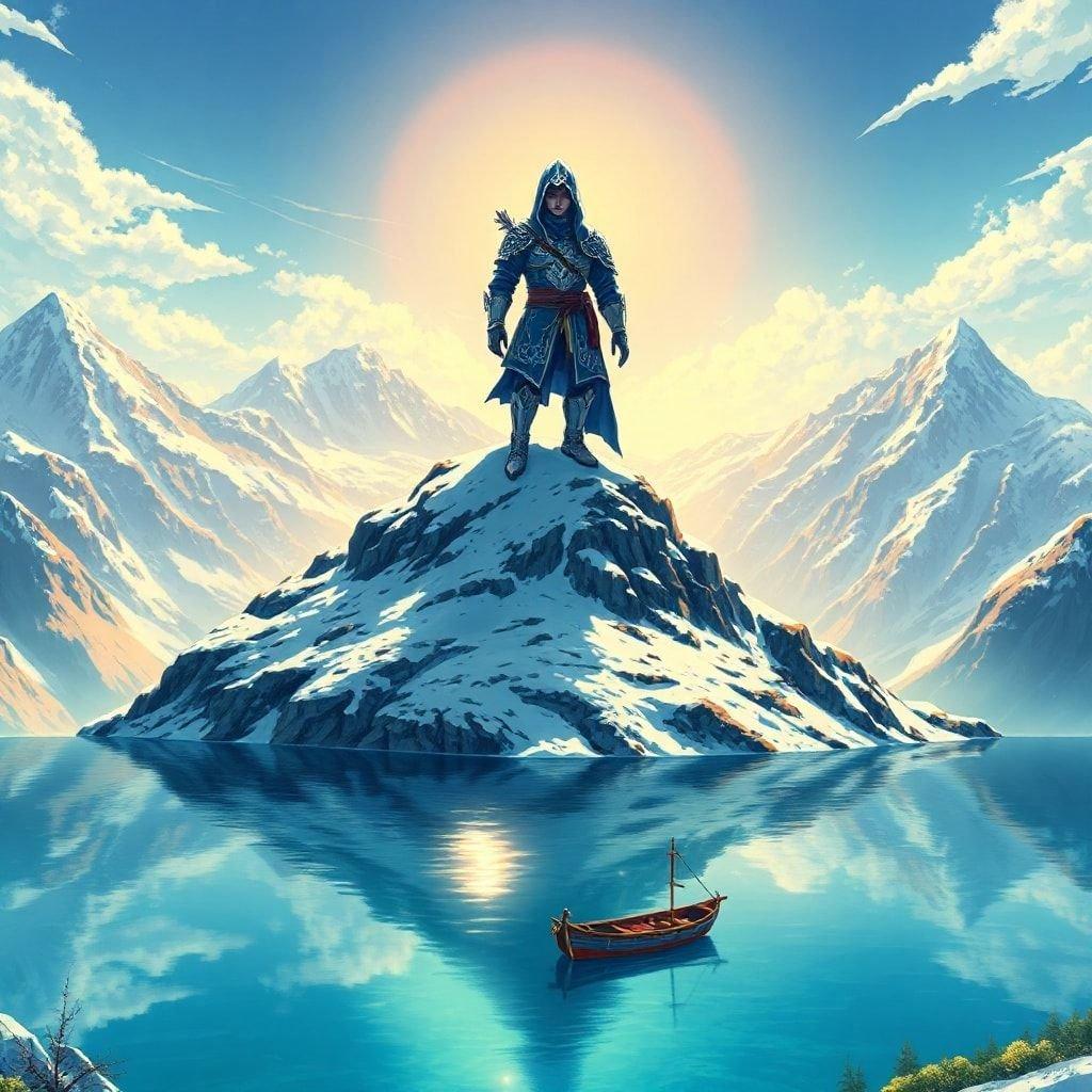 Immerse yourself in the breathtaking beauty of this anime-style illustration, where a hooded warrior stands proudly on a snow-capped mountain peak, surrounded by a serene lake and distant mountains, all bathed in warm, vibrant colors.