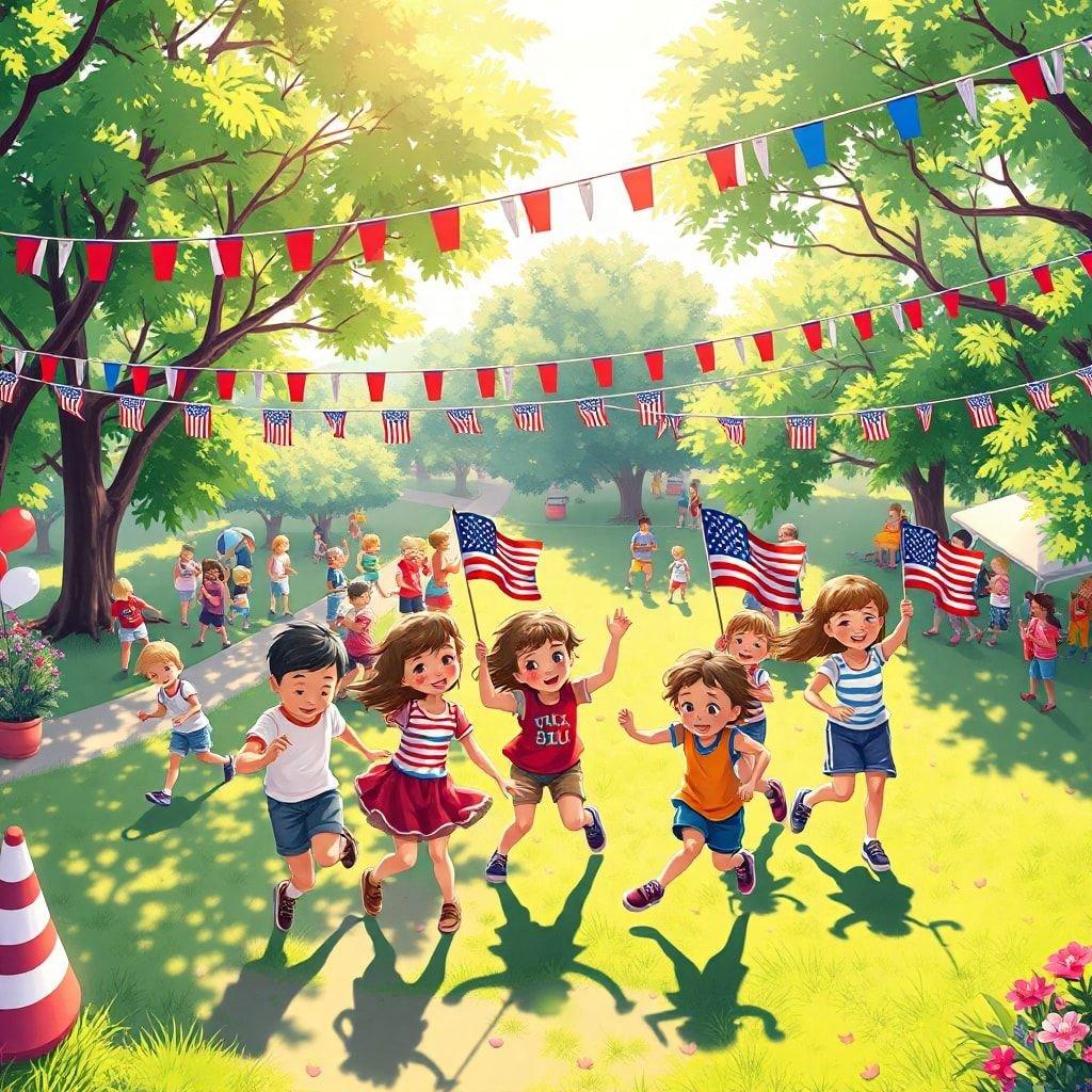 A joyful scene from an Independence Day celebration, with children running through a field decorated with American flags.