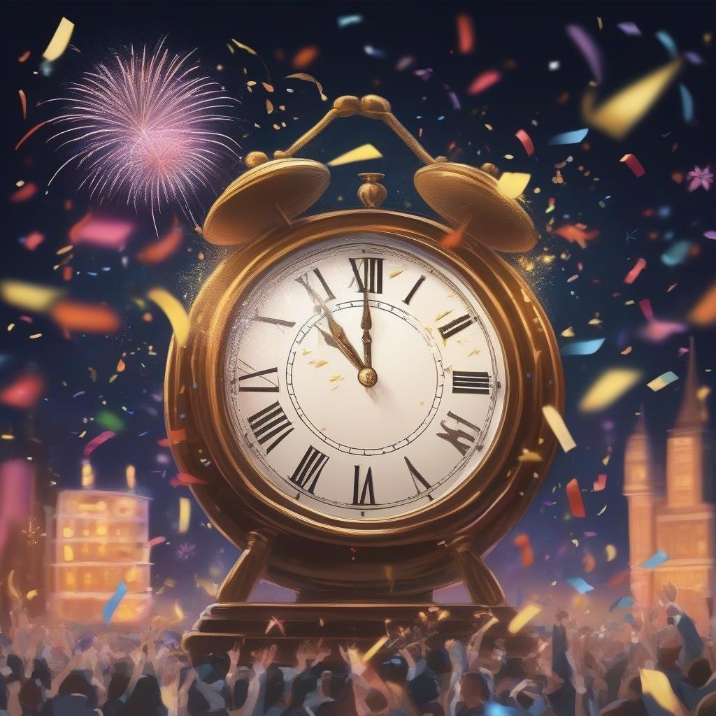 Celebrate the joyous occasion of graduating from school with a bang! A golden clock, symbolizing time, stands on a city skyline at midnight, as fireworks light up the night sky.