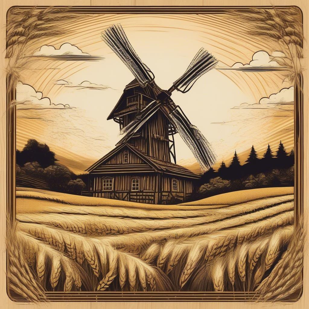 A picturesque countryside scene with a windmill, farmland, trees, and a quaint farmhouse.