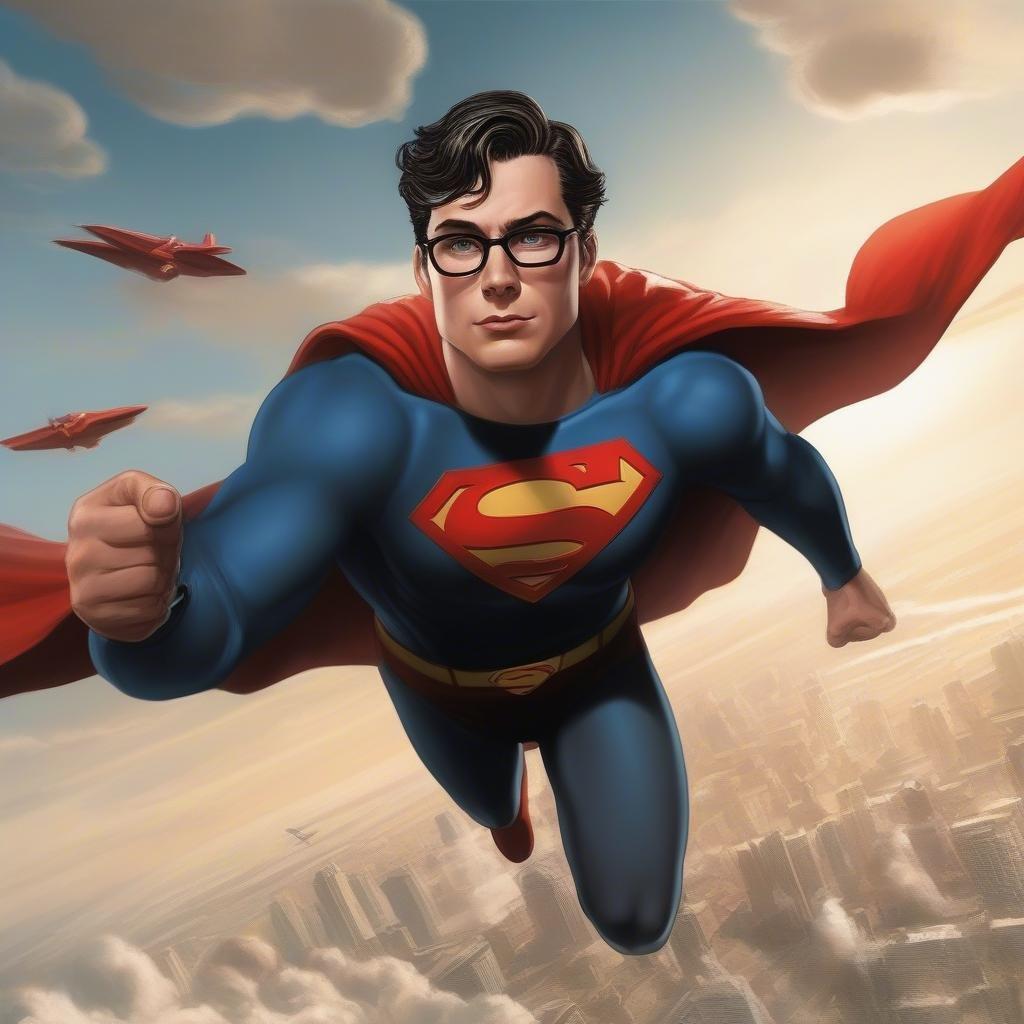 Join the legendary Superman as he soars above the city in this dynamic wallpaper. The artwork captures the spirit of the iconic comic superhero, flying high with his cape spread wide against a backdrop that features airborne aircraft and towering skyscrapers.