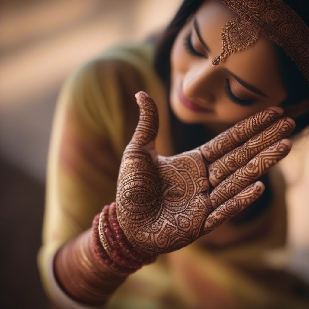 A woman in traditional henna tattoos, embracing the spirit of celebration during an Indian festival.