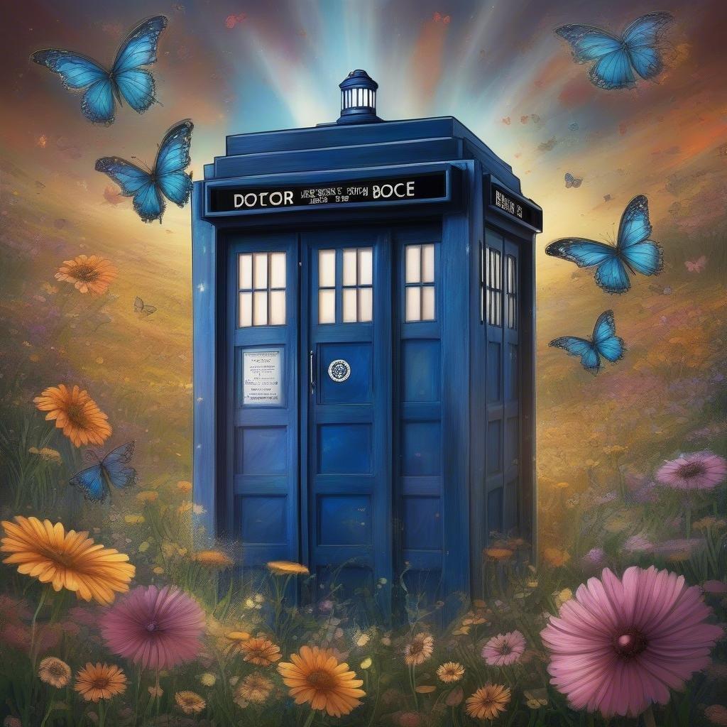 A colorful and magical scene featuring the iconic blue police box of the beloved Doctor Who series, set against a backdrop of butterflies and flowers.