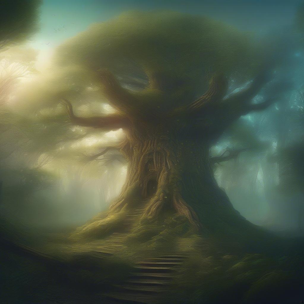 A majestic ancient tree stands tall in the heart of a mystical forest, bathed in ethereal light. This timeless image invites you to explore the fantasy world within.