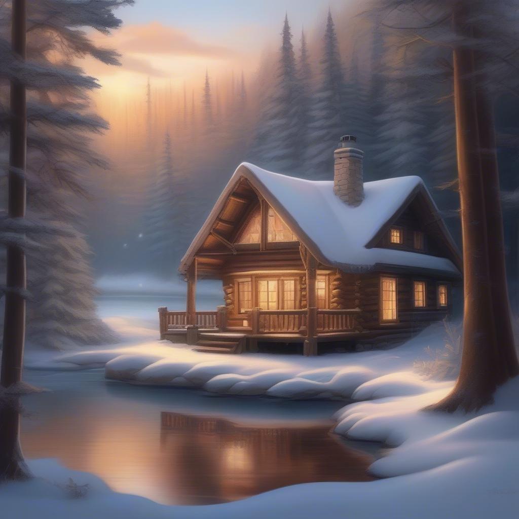 A cozy cabin nestled in a snowy mountain forest, basking in the warm glow of holiday lights. The serene winter scene captures the essence of a peaceful retreat.