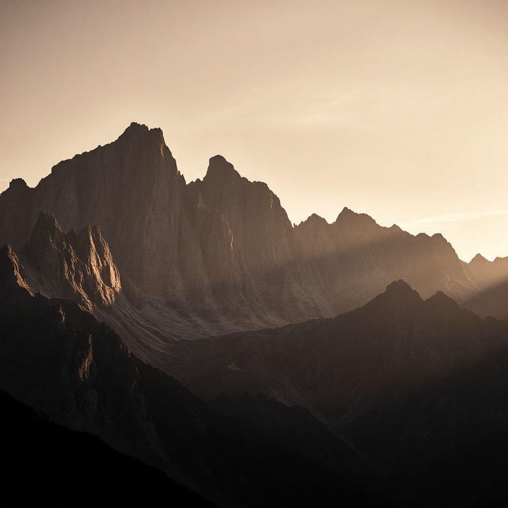 Uma vista de tirar o fôlego de picos de montanhas imponentes e serenas durante o amanhecer de um novo dia. A paleta monocromática adiciona uma elegância atemporal a esta paisagem tranquila.