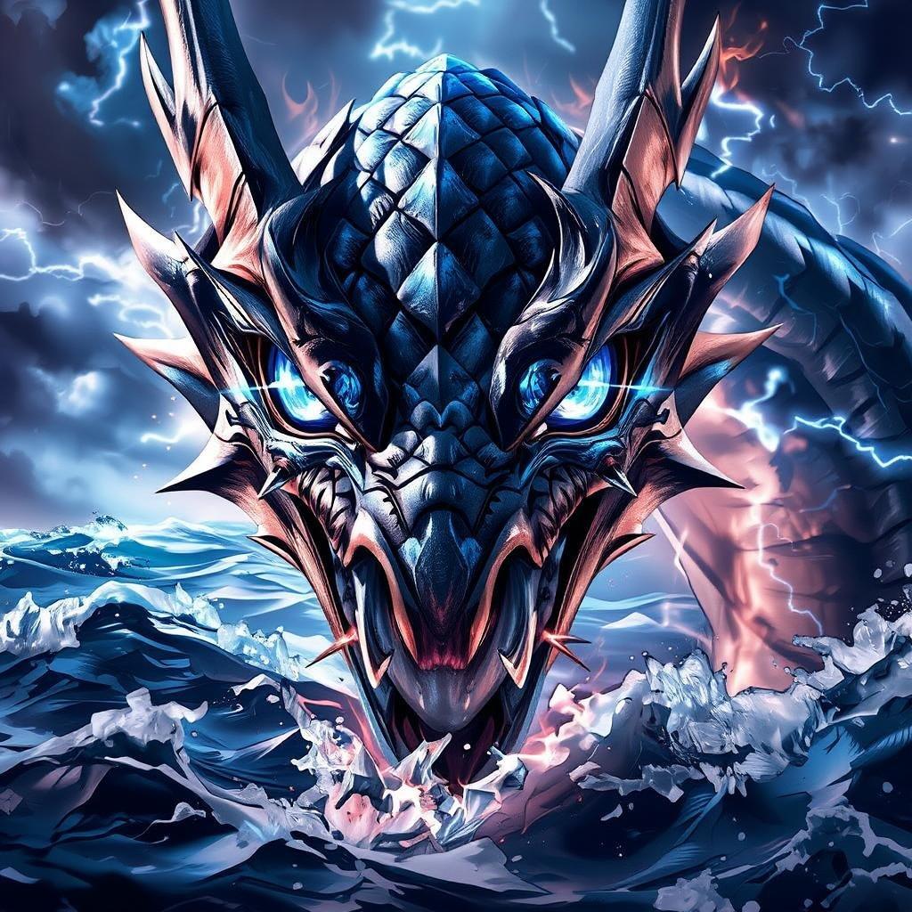 A majestic anime dragon soars over a tumultuous sea under a tempestuous sky, its scales glowing like polished diamonds and eyes burning with a storm's fury.