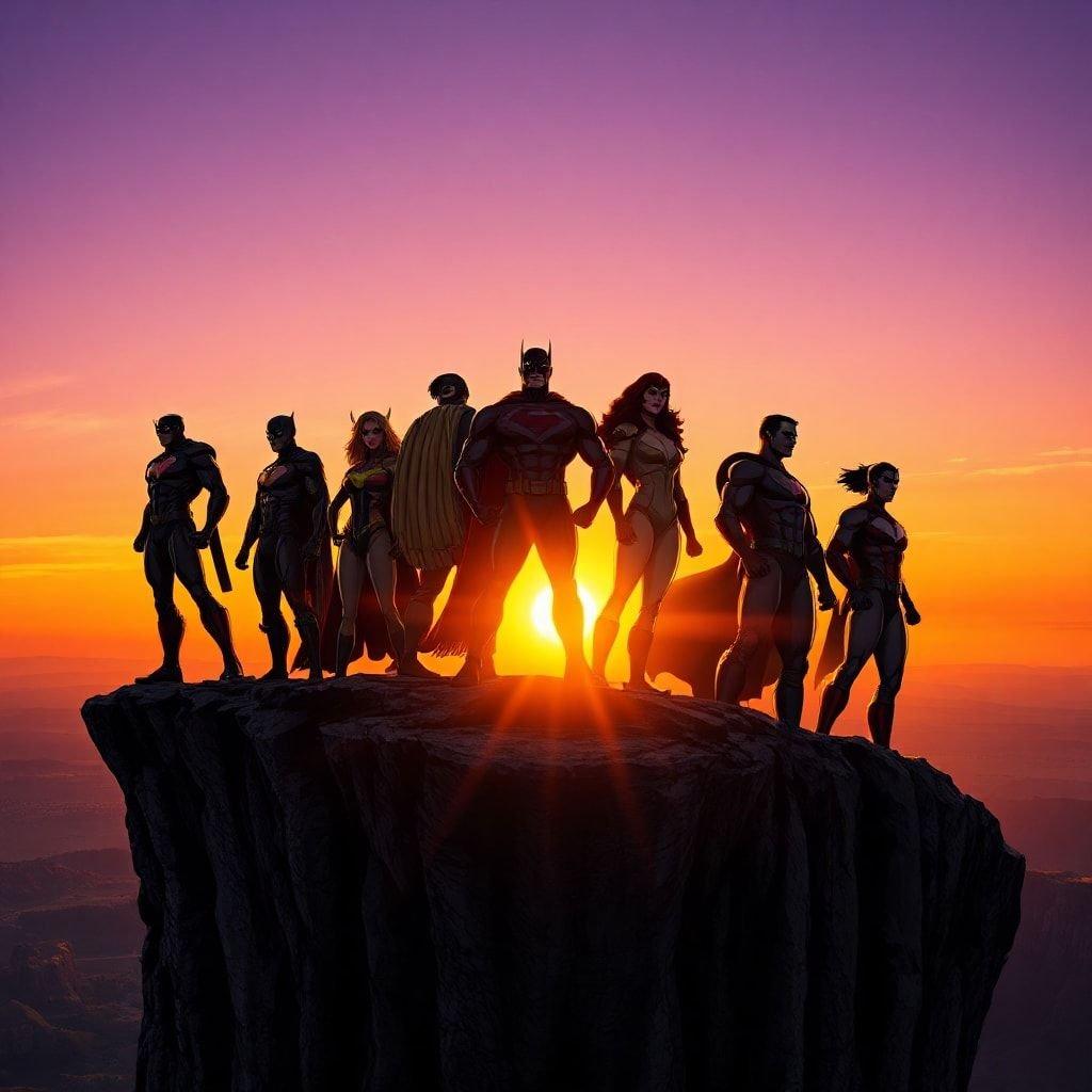 The iconic superhero team, standing together against the sunset sky.