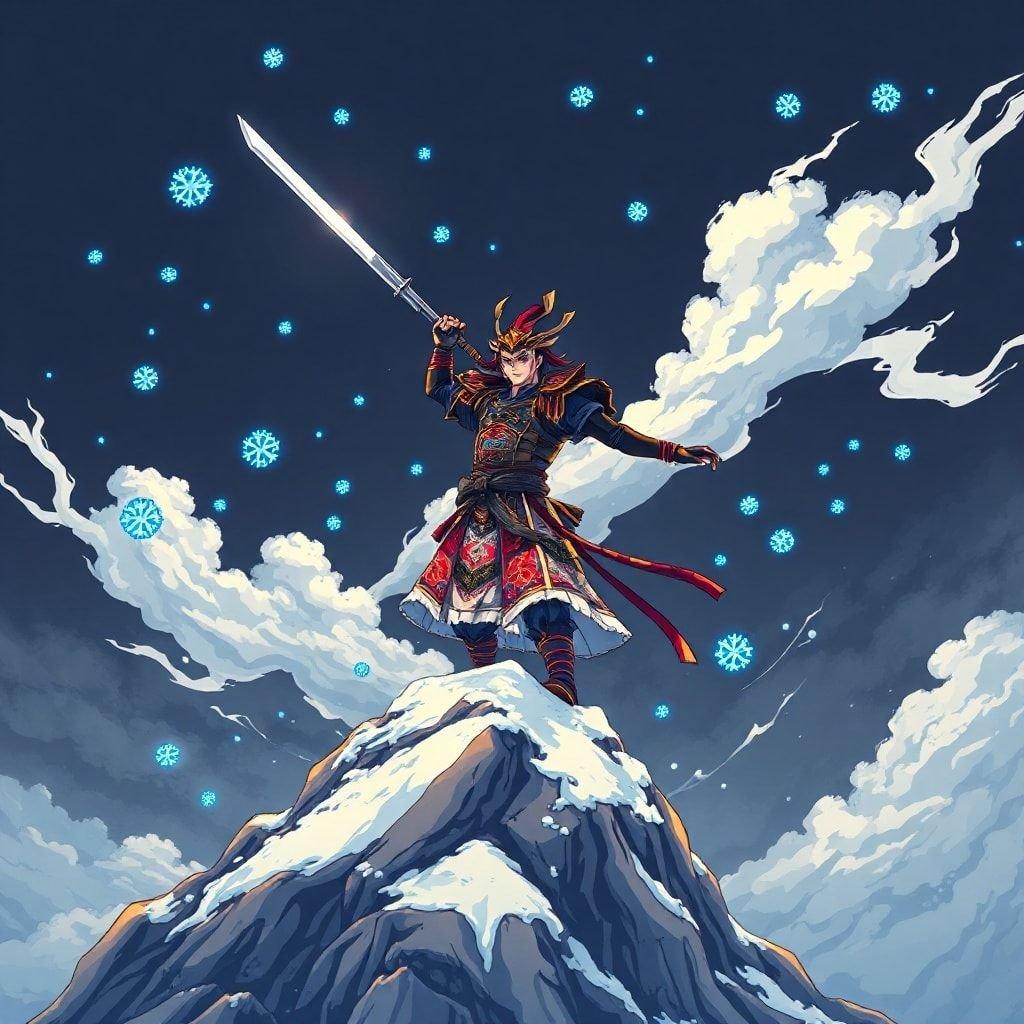 A stunning anime illustration of a brave samurai standing strong on a mountain peak, his sword raised high, surrounded by vibrant blue snowflakes and a few white clouds, capturing a moment of strength and adventure.