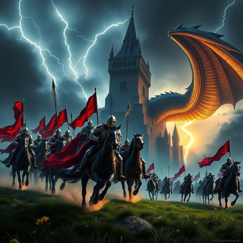 Knights in full armor, riding their horses at the charge, against a backdrop of a medieval castle. A dragon looms ominously overhead, as lightning strikes to add drama and tension to the scene.