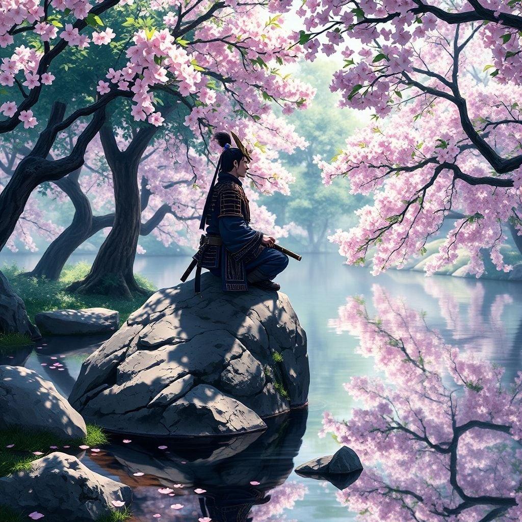 This anime-style wallpaper features a serene samurai meditating on a rock by a pond, surrounded by cherry blossom trees. The peaceful scene is characterized by harmonious colors and detailed textures, creating a tranquil atmosphere.