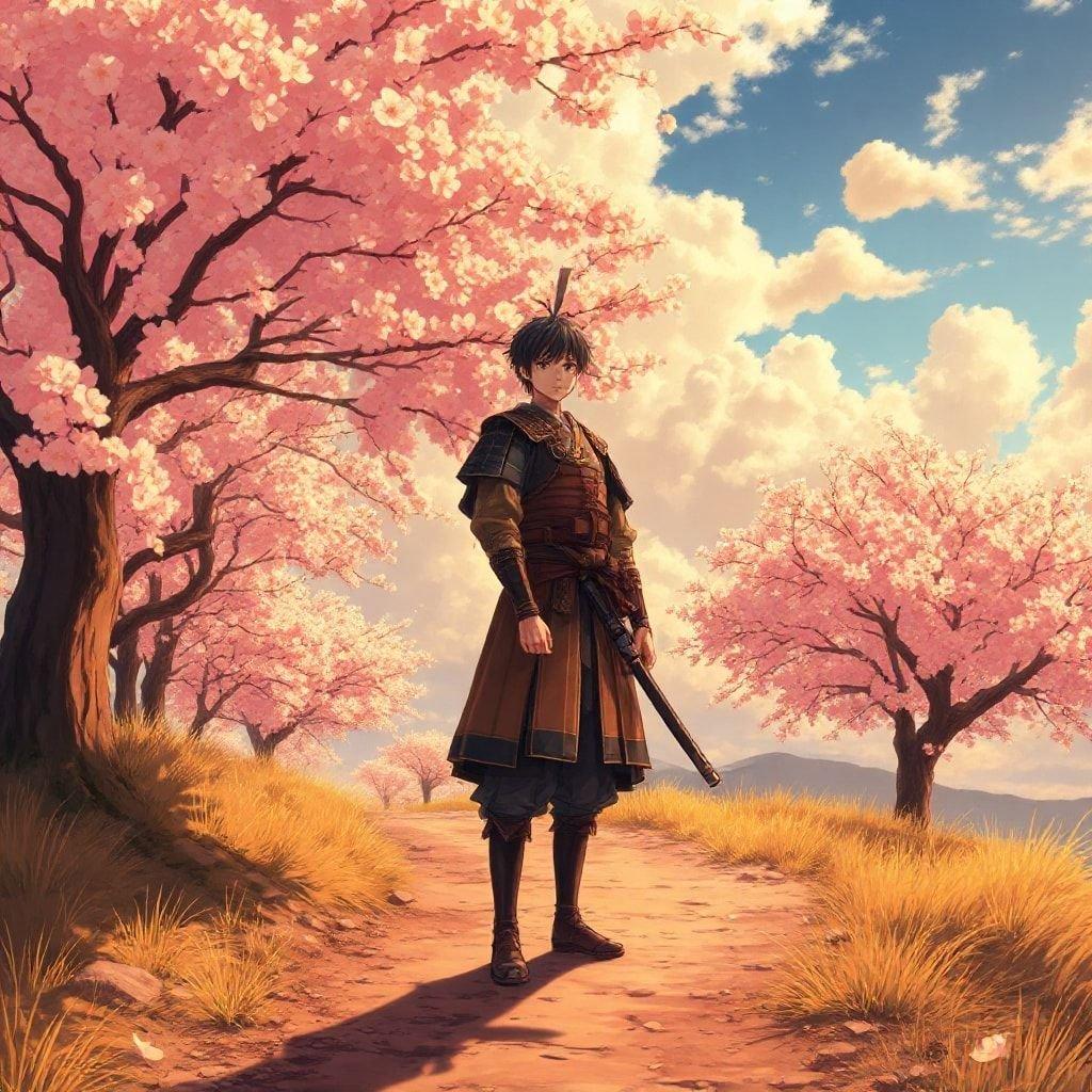 Dans cette illustration anime détaillée, un jeune samouraï se tient sur un chemin de terre, surplombant les cerisiers qui bordent le chemin sous un ciel nuageux. Les teintes chaudes de jaune et d'orange de la scène évoquent un sentiment de paix et de tranquillité, invitant les spectateurs à explorer la beauté de ce monde.