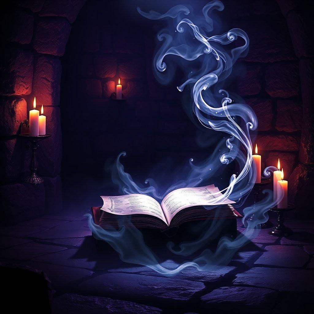 A mystical Halloween scene with a glowing book and magical smoke, evoking the spirit of witchcraft and enchantment.