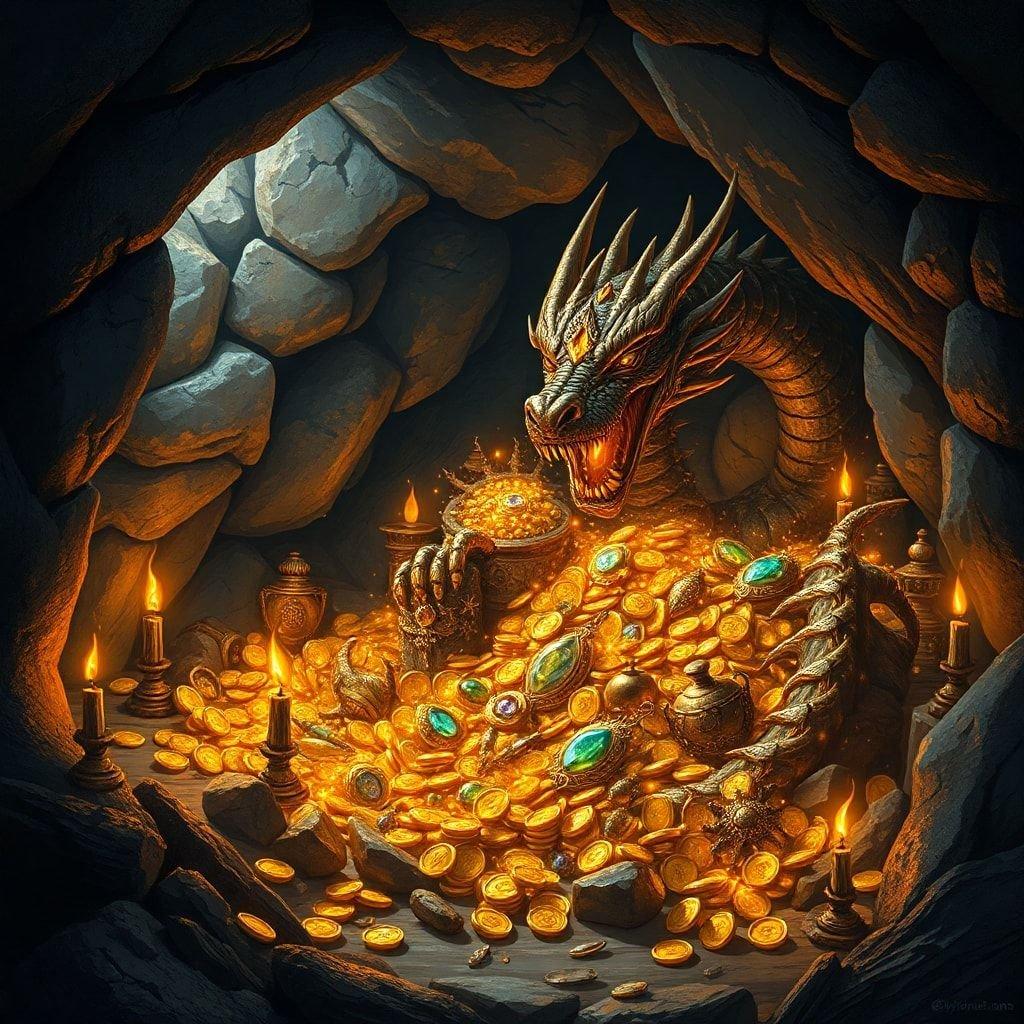 A fantastical scene depicting a majestic dragon sitting amidst a treasure hoard, perfect for any fantasy lover or desktop wallpaper.