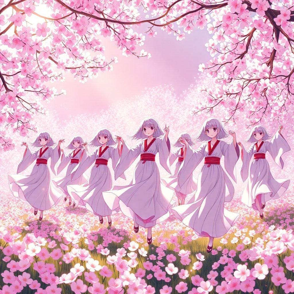 This stunning wallpaper features a group of yurei spirits dancing in a field of blooming cherry blossoms, creating a mesmerizing and dreamlike atmosphere.