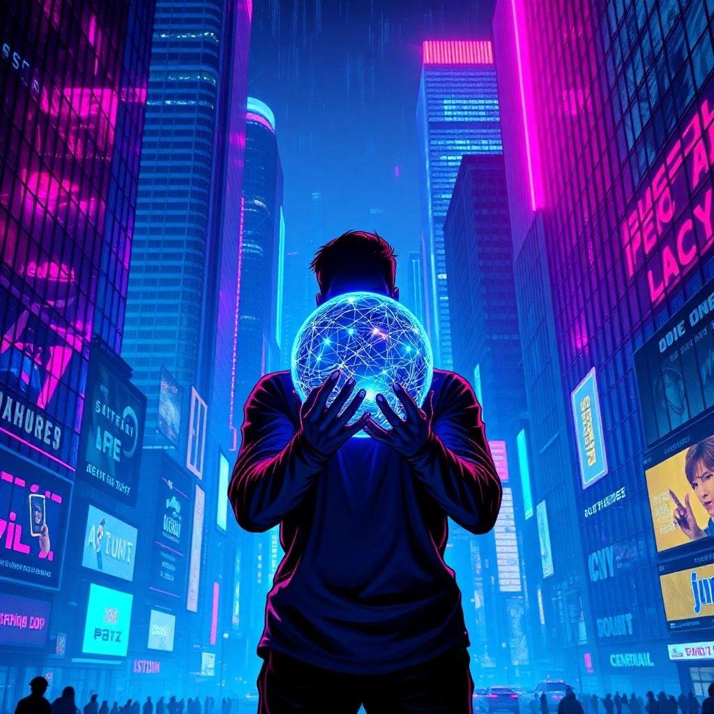 A man stands in the middle of a city street, holding a glowing blue orb in front of his face. The city is full of tall buildings and skyscrapers, lit up in various colors.