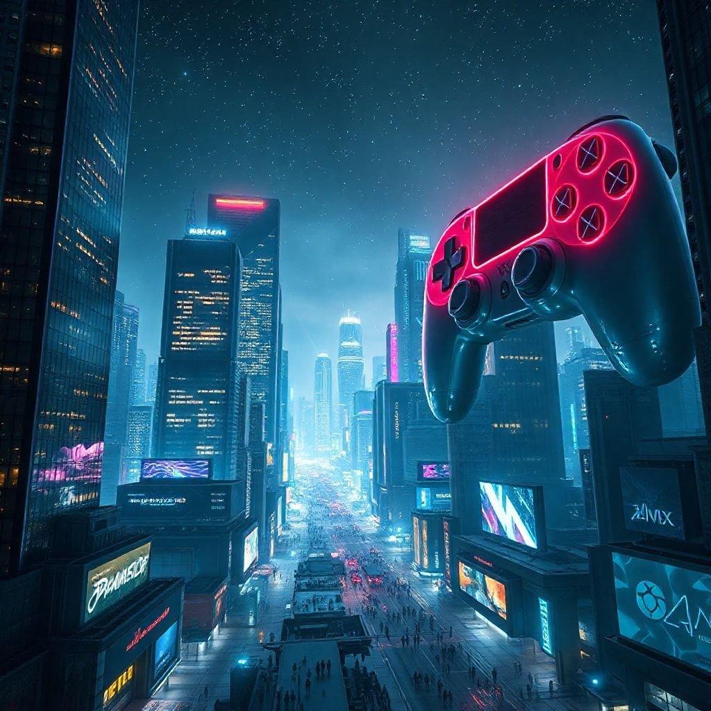 Get ready to level up your gaming experience with this futuristic cityscape featuring a large video game controller. The neon lights and sleek design of the controller are sure to grab your attention, while the bustling cityscape in the background adds to the overall sense of energy and excitement.