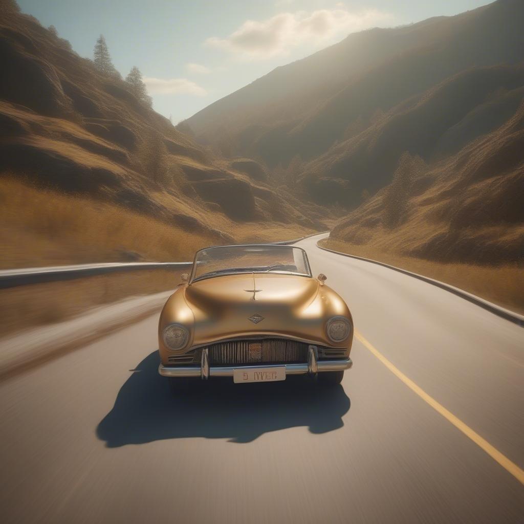 Embark on an evening journey through the mountains in this classic vintage car. The setting sun casts a warm glow over the road as you cruise with the top down, feeling the wind against your face and the thrum of the engine beneath you.