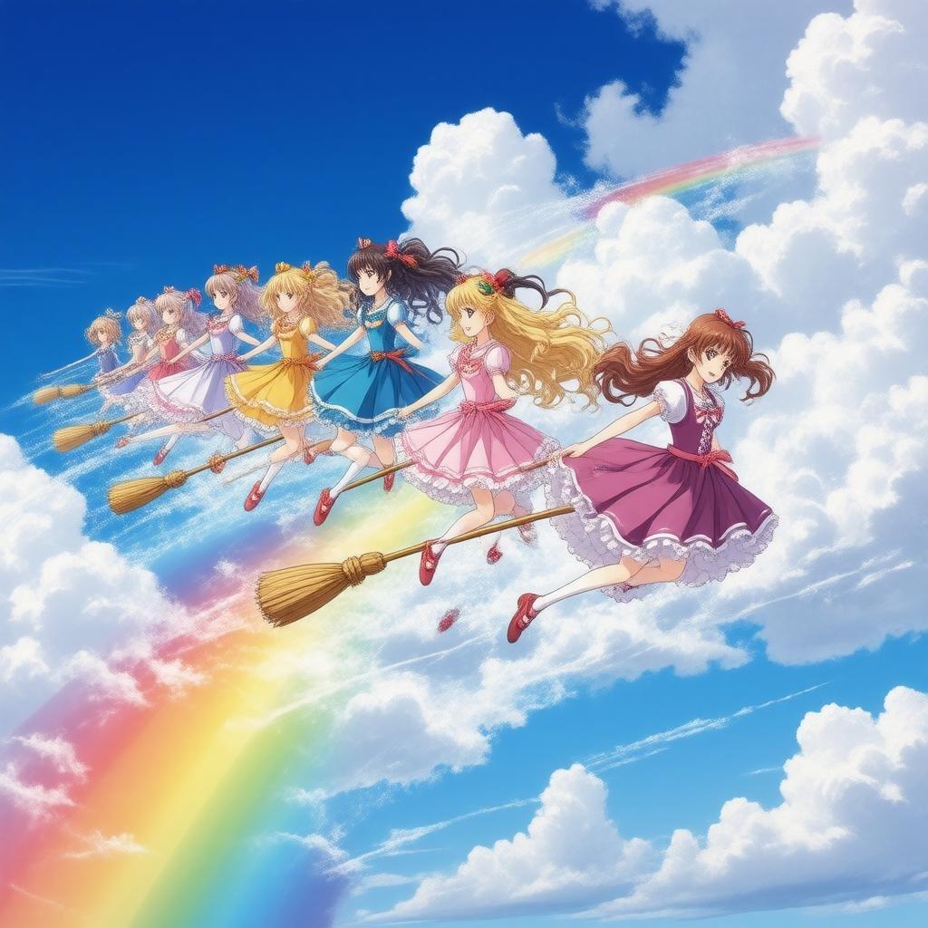 In this anime illustration, a group of magical girls are soaring through the sky on their rainbow-colored broomsticks. The bright blue sky with fluffy white clouds provides a backdrop for their vibrant journey, evoking a sense of movement and magic. This image captures the whimsical essence of fantasy adventure.