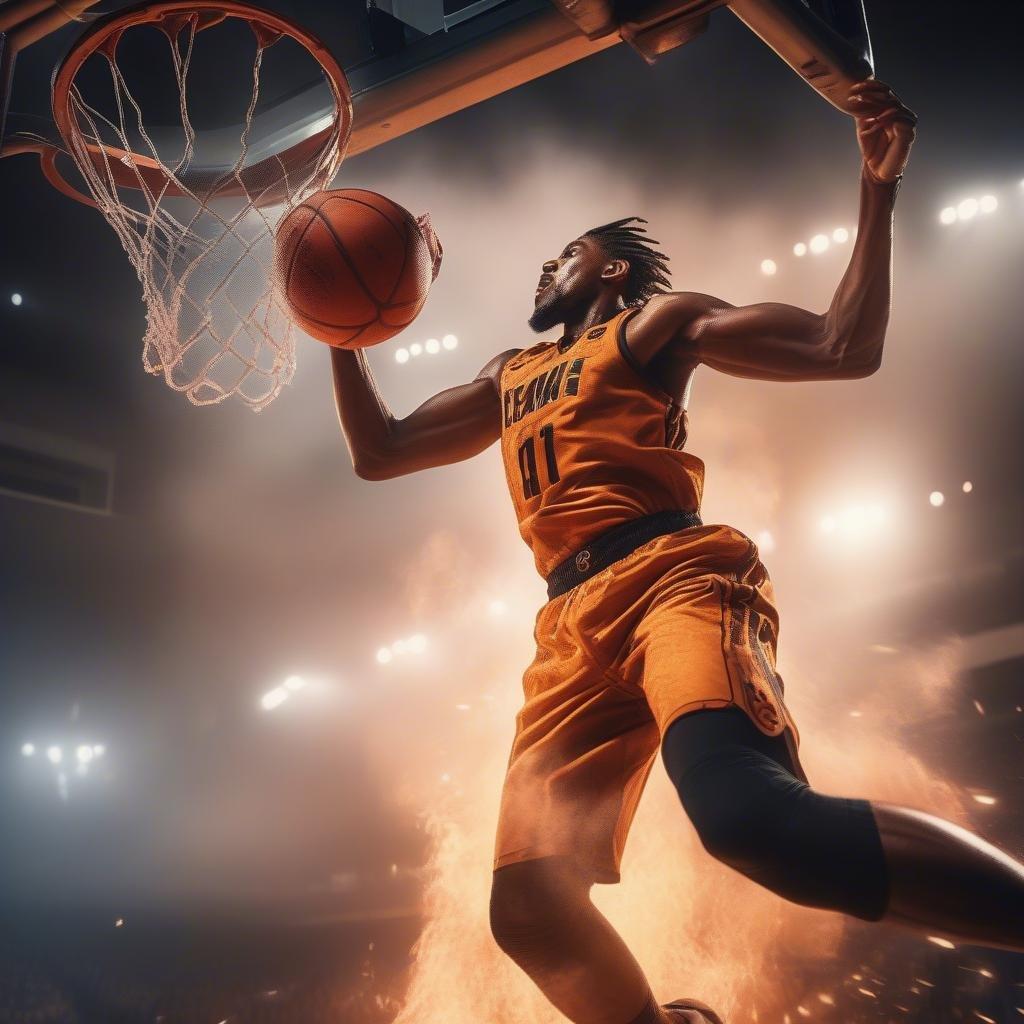 This image captures the intensity and athleticism of a basketball player in mid-dunk, showcasing their skill and strength as they soar through the air.