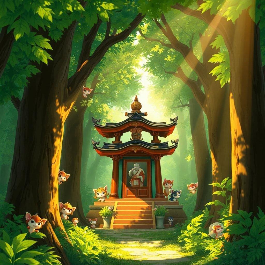 Forløs dig i den rolige skønhed af dette anime-inspirerede Shinto-helligdom, der ligger i en livlig skov, hvor intrikat design møder naturlig ro.