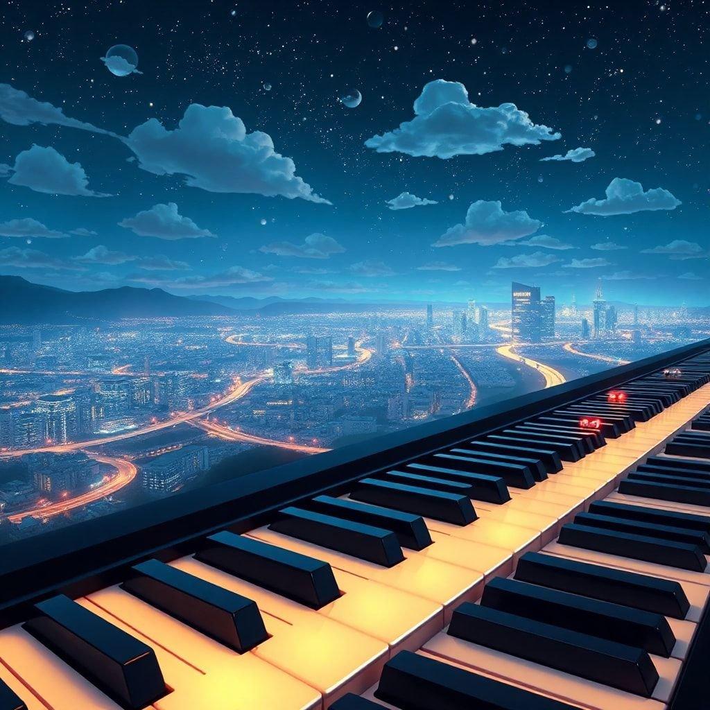 Experience a serene city at night, where the urban lights twinkle against the night sky. A pianist captures the mood with their keys in the foreground, creating an atmosphere of tranquil reflection and artistic inspiration.