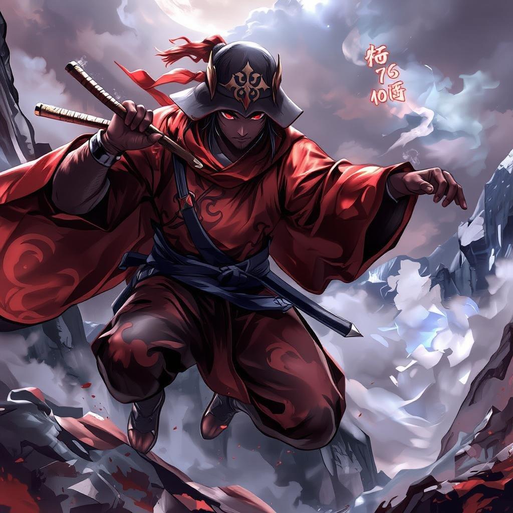 A skilled ninja warrior leaps through a misty mountain pass, their vibrant red and orange patterned cloak and gold headpiece adding a touch of whimsy to their determined pose. The dark, cloudy sky provides a dramatic backdrop for this anime illustration.