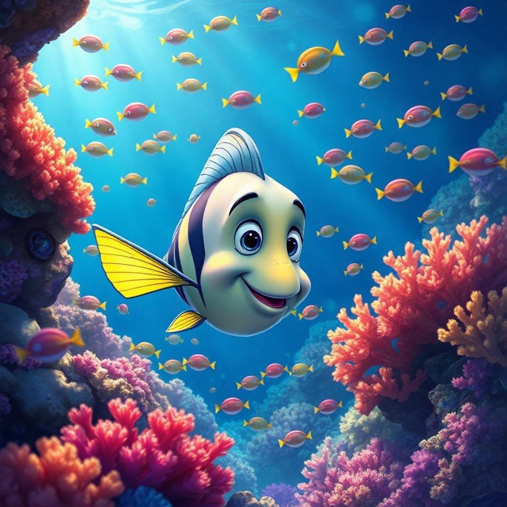 Join Dory on an underwater escapade with this vibrant wallpaper featuring the beloved Disney character swimming amidst a colorful coral reef.