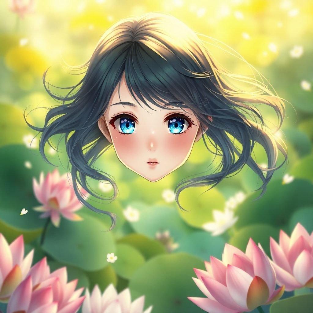 This beautiful anime girl is floating in a sea of lotus flowers, her face a canvas of soft blue eyes and a hint of mystery. The background is a blur of green and yellow hues, with a few small white flowers adding a whimsical touch.