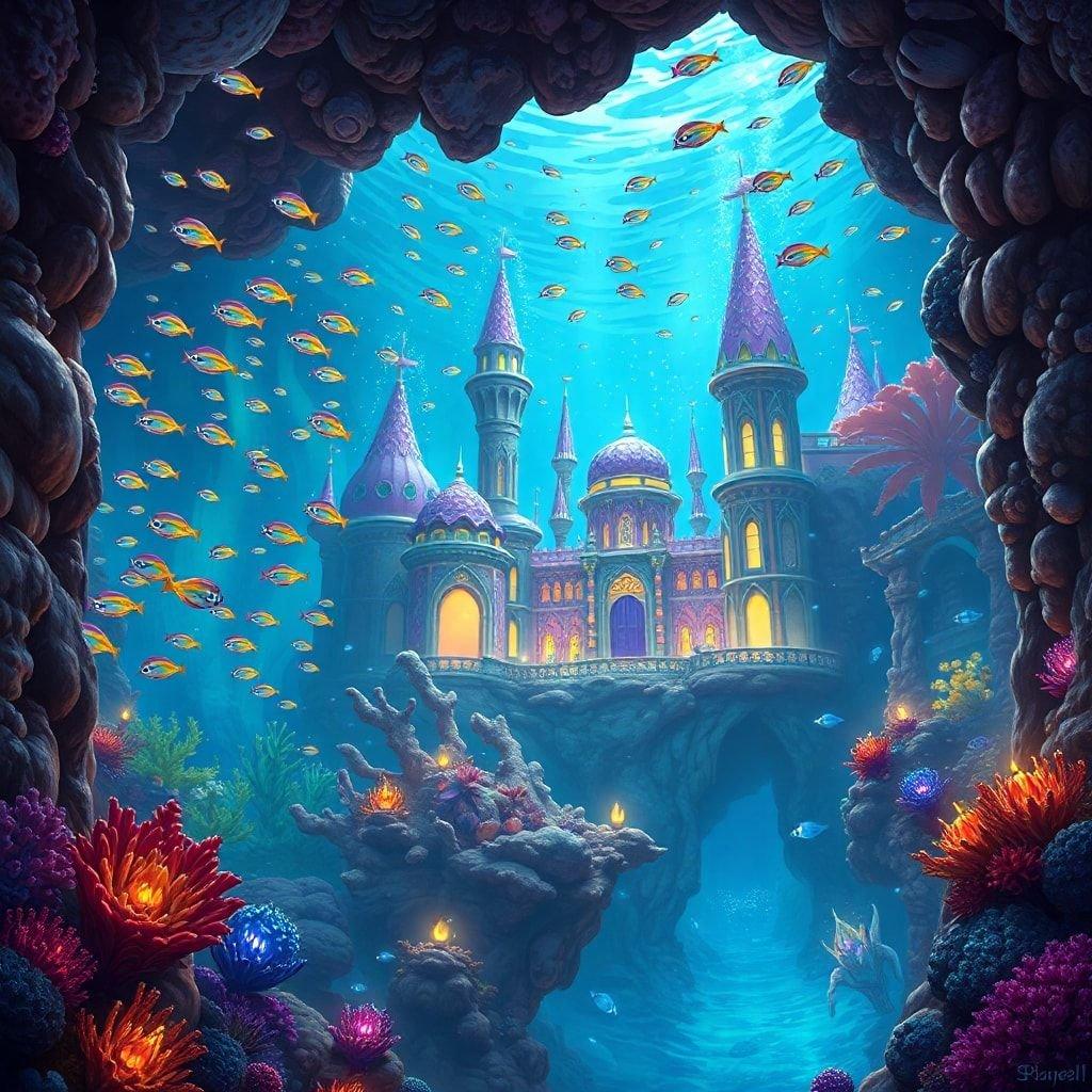 A magical underwater palace, a beacon of wonder in the depths.