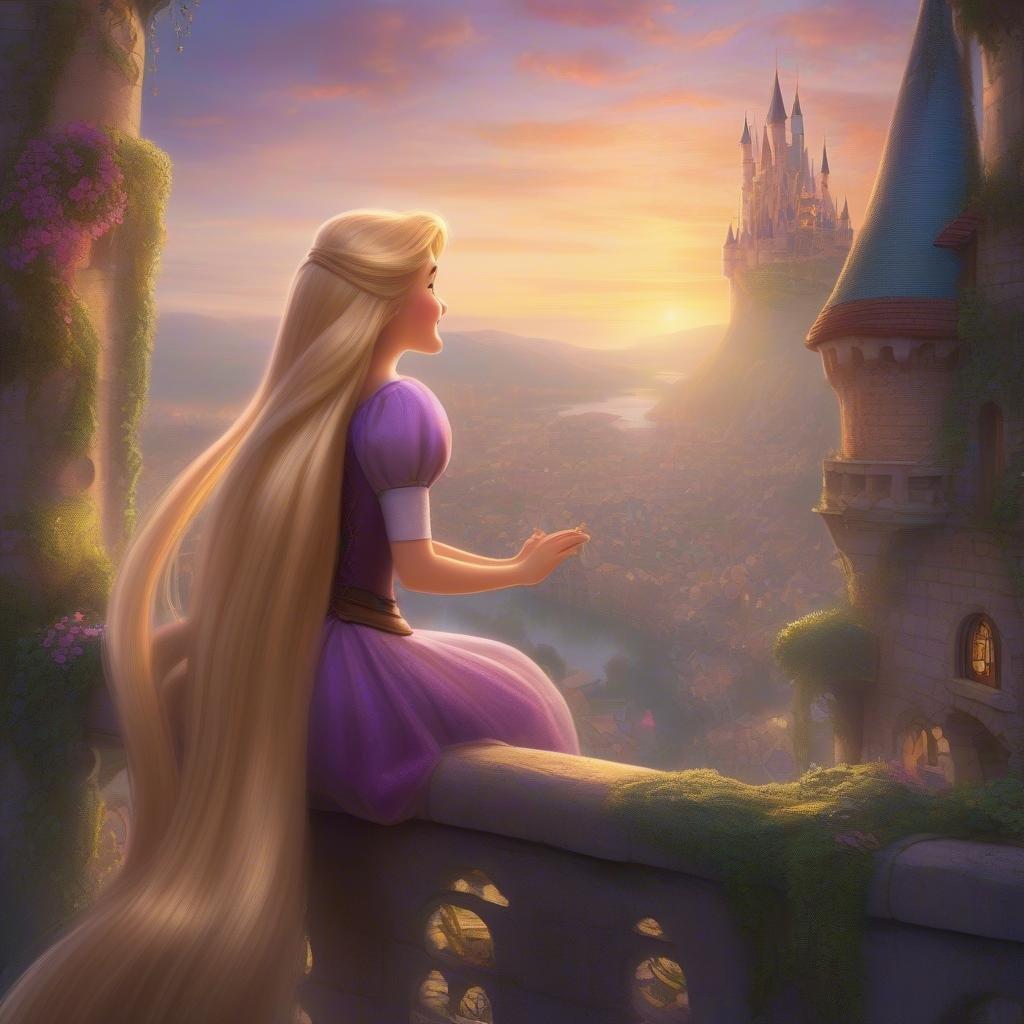 Rapunzel's Tower is a beautiful and iconic Disney character, and this image captures her in a stunning sunset setting. The tower's tall spires and Rapunzel's long blonde hair are perfectly framed by the warm hues of the setting sun, creating a breathtaking scene that is sure to delight fans of the beloved character.