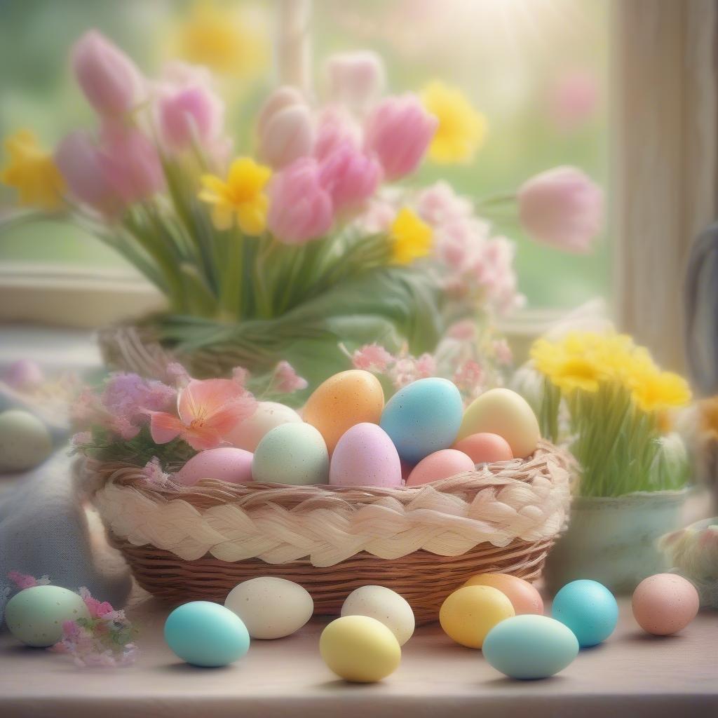 A delightful assortment of pastel-colored eggs and flowers in a charming Easter display, perfect for the holiday season.