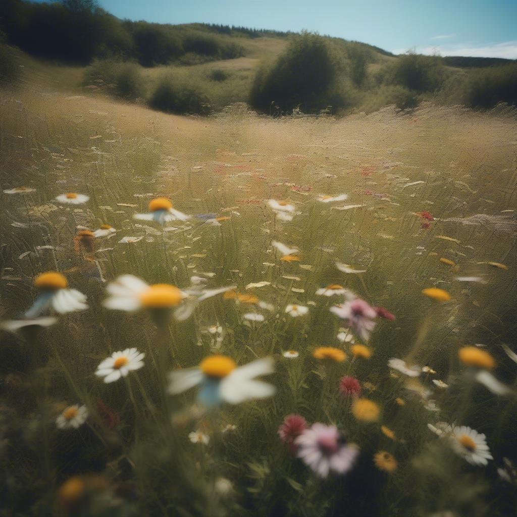 A beautiful field of wildflowers, with daisies and other flowers in various colors, creating a sense of natural beauty and serenity.