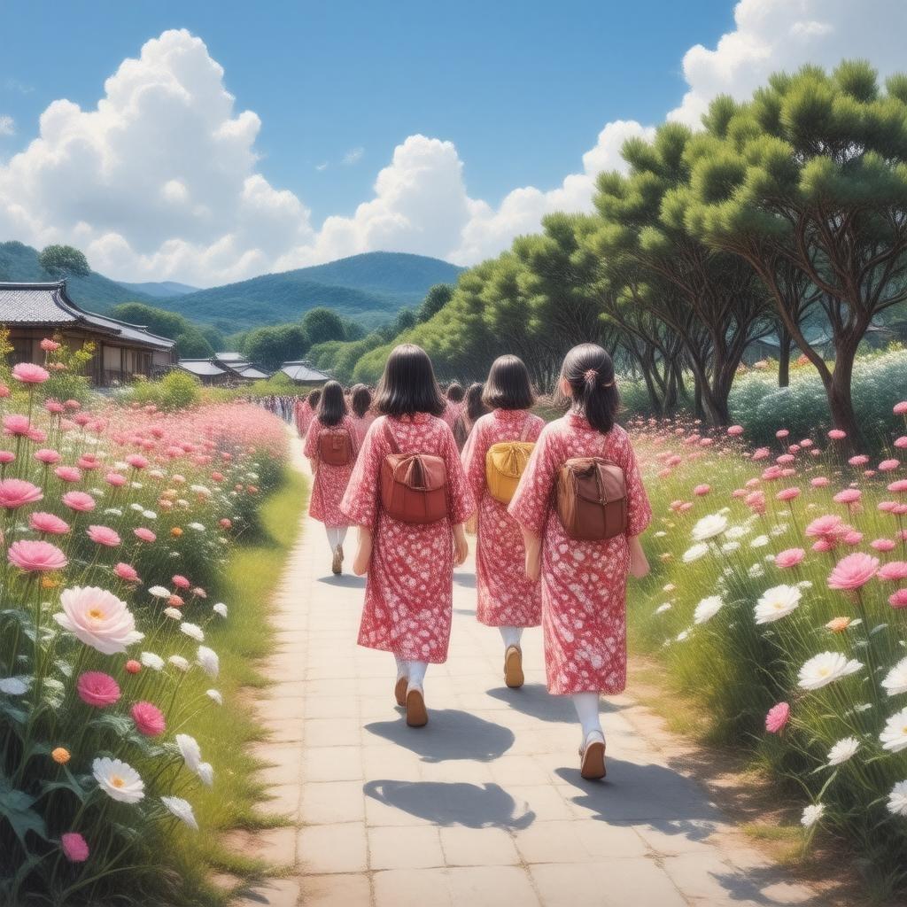 A group of schoolgirls in traditional kimonos stroll through a blooming flower-lined path on a clear spring day.