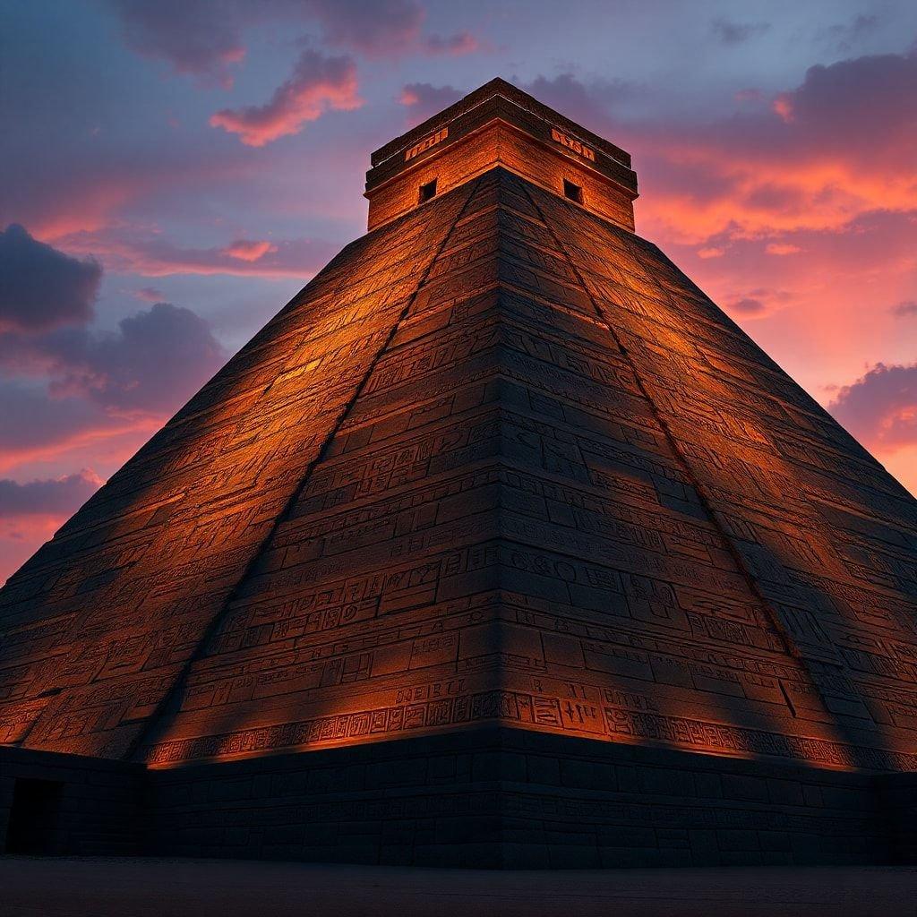 Experience the majesty of this ancient pyramid-like temple as day turns into night. The warm glow from sunset adds a magical touch to its stone walls, which are illuminated by subtle lights, accentuating the intricate carvings and design. This architectural marvel stands proudly against the backdrop of a cloudy sky with scattered clouds, embodying the mystery and grandeur of its historical past.