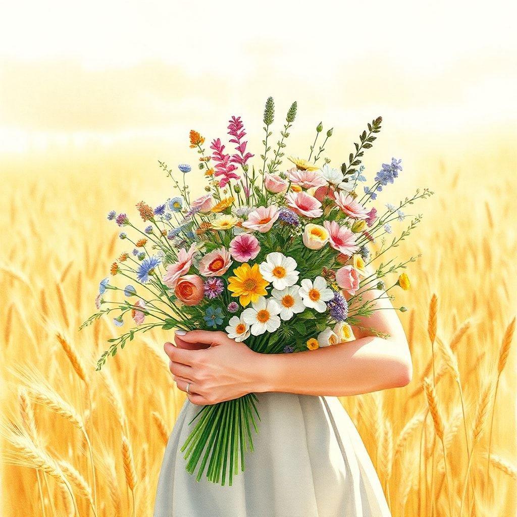 A beautiful bouquet of flowers in a field of wheat.