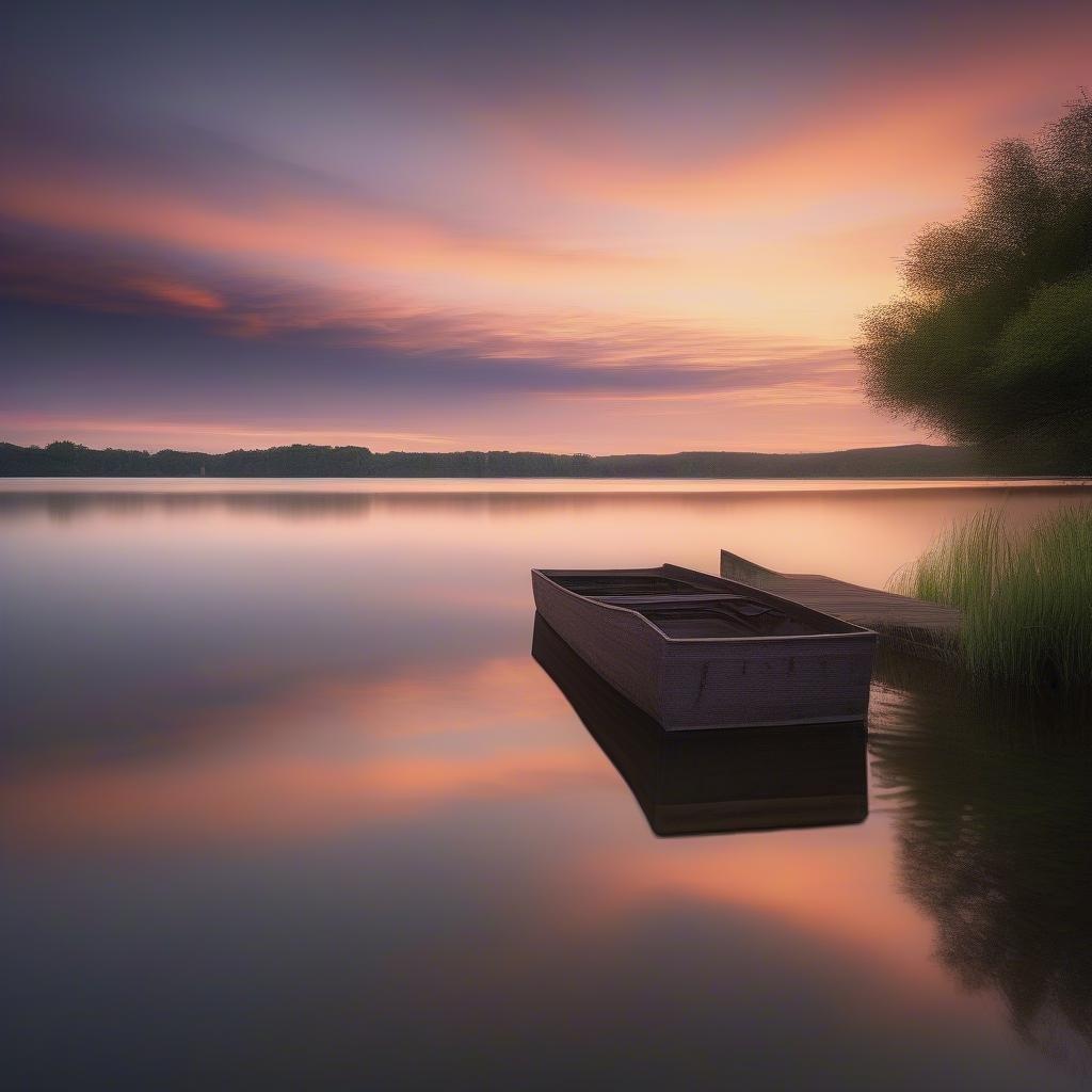 This stunning wallpaper captures the tranquility of a lake at sunset, perfect for adding a touch of calm to your desktop or mobile device.