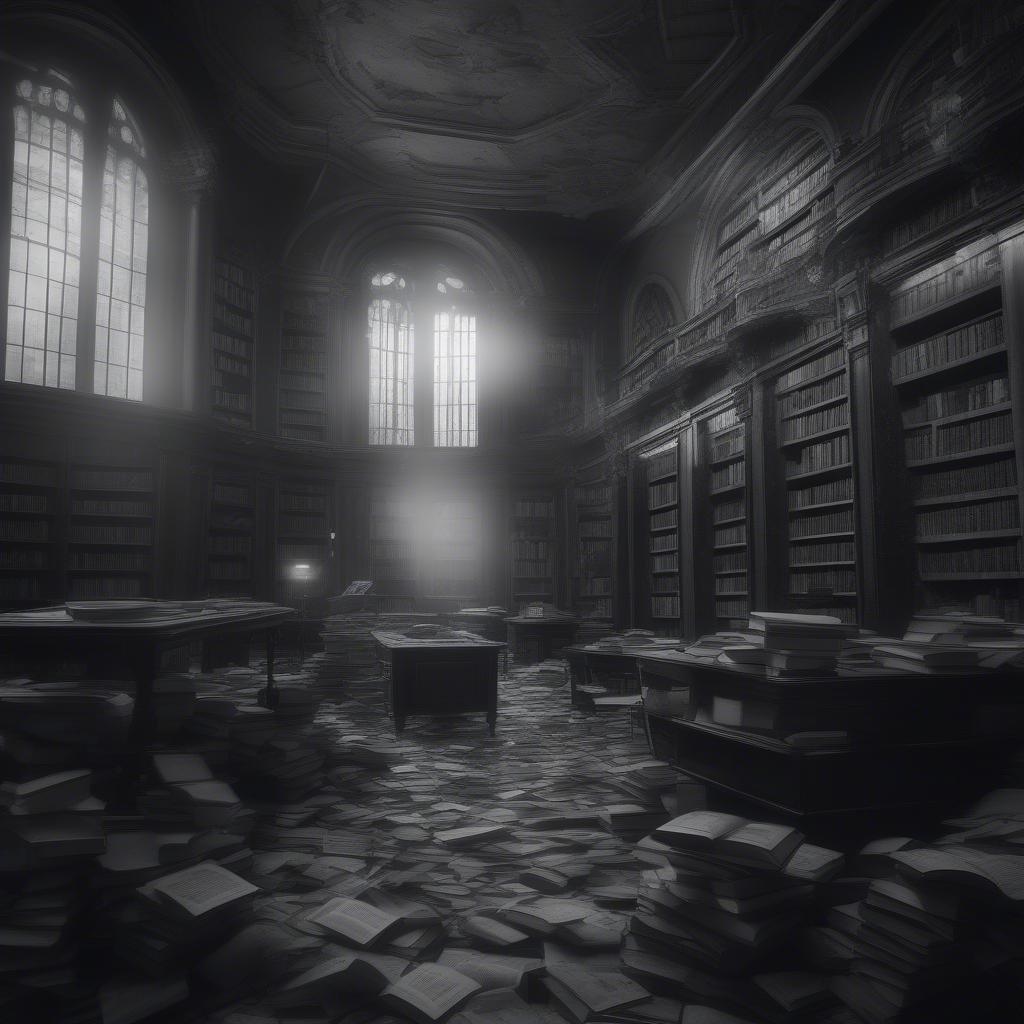 An intriguing scene from an ancient library, brimming with books and wisdom. The black and white photograph captures the essence of a place where knowledge is housed in countless volumes.