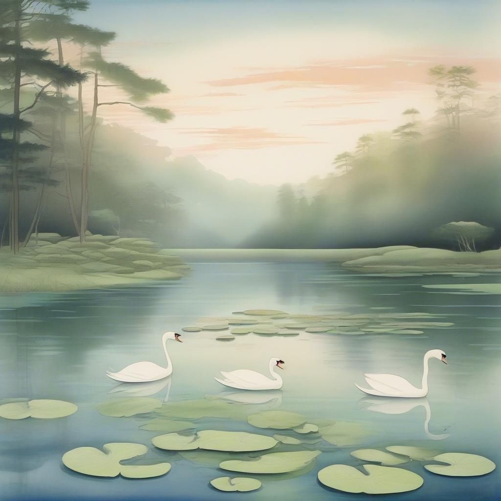 A peaceful lake scene with three swans swimming in the water, surrounded by lily pads and trees in the background.