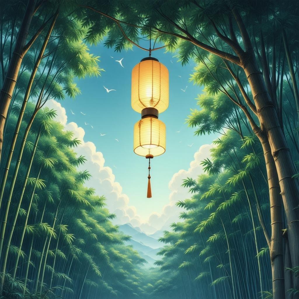 A beautifully illustrated anime-style lantern hanging among bamboo trees in a serene forest. The warm glow of the lantern contrasts with the natural greenery, creating a sense of tranquility.