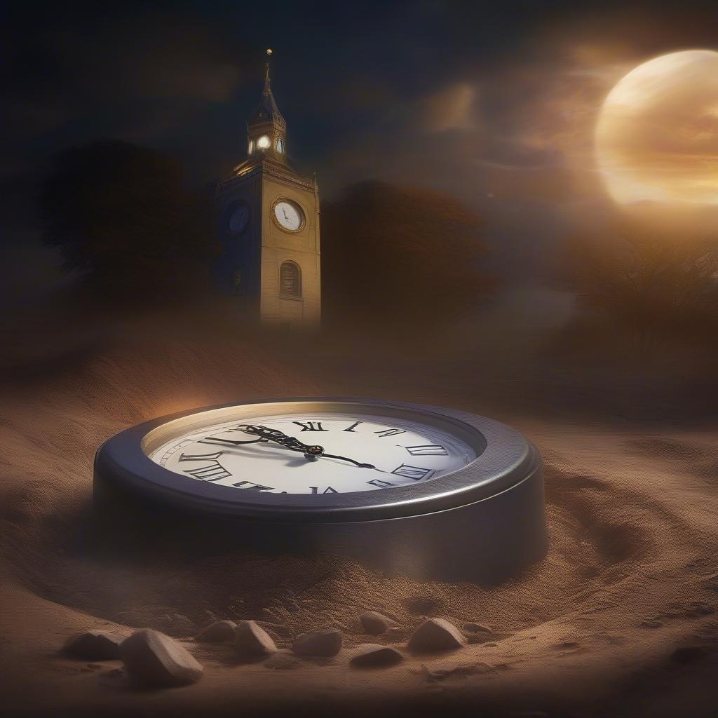 Celebrate the dawn of a new year in a mystical landscape. A clock sits atop a sandy hill, the moon hangs in the sky, and a grand clock tower looms nearby under a twilight sky.