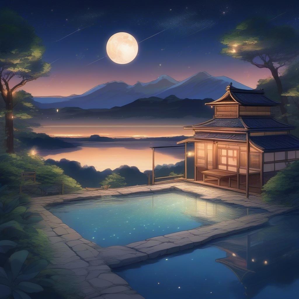 Dyk ner i lugnet i detta anime-stil Onsen, beläget vid kanten av en lugn natthimmel. Den stjärnklara himlen, med sitt varma sken, kontrasterar harmoniskt med de kalla tonerna av natthimlen och skapar en fängslande och fredlig scen.