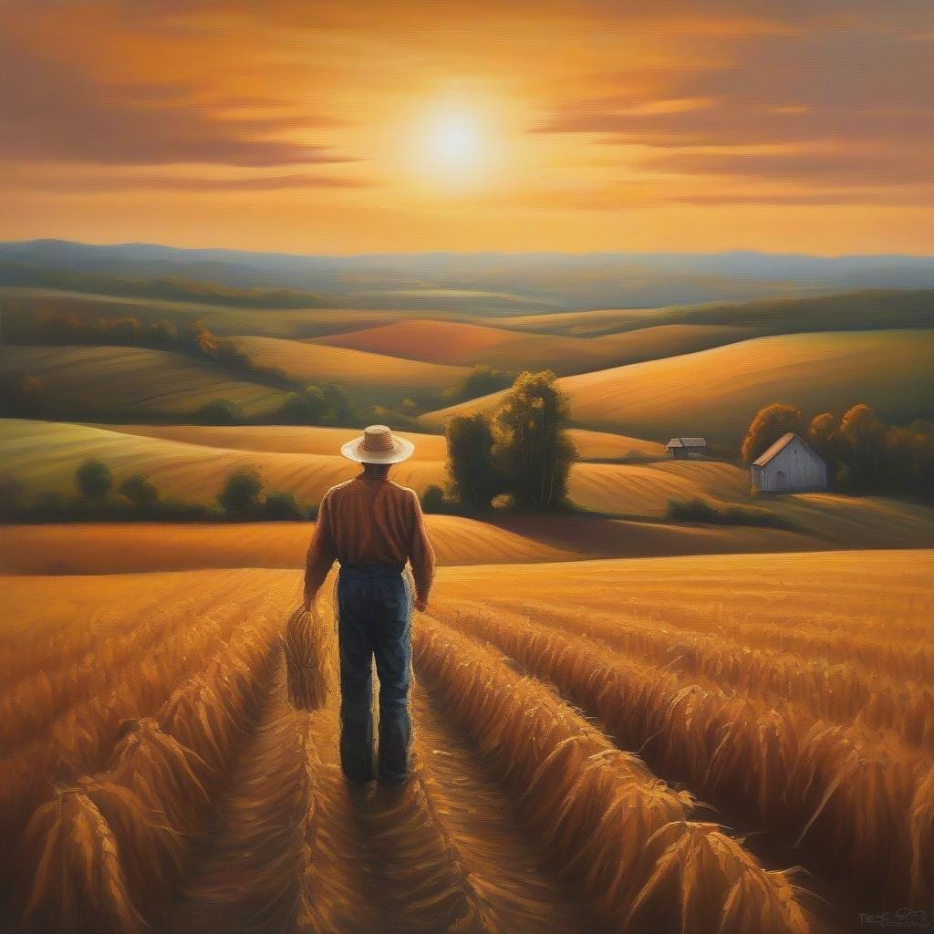 A serene image of a man walking through a field of wheat, with a barn and trees in the background, perfect for a Thanksgiving wallpaper.