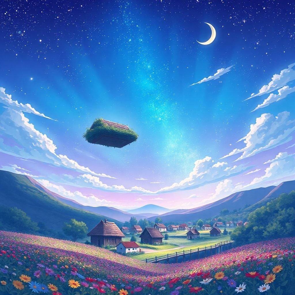 This anime illustration depicts a humble village descending from the heavens to a small village, set against a breathtaking backdrop of a blue and purple sky filled with stars and a crescent moon.