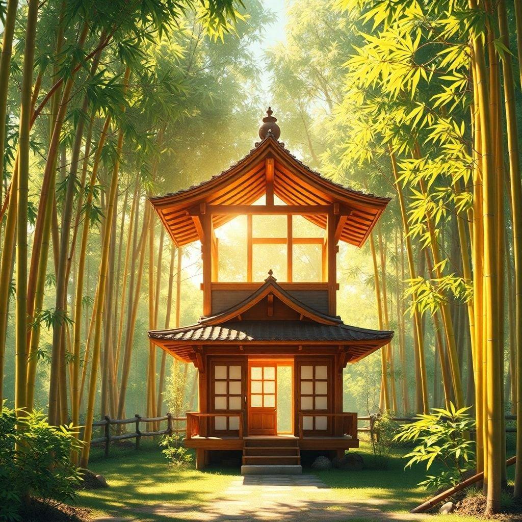 Step into a tranquil world where the gentle rustle of bamboo and the warmth of sunlight create a perfect harmony. This serene tea house, nestled among the towering bamboo plants, invites you to pause and appreciate the beauty of nature.