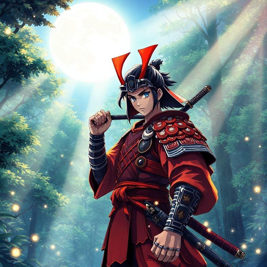 A young samurai stands in a forest, surrounded by the beauty of nature and the power of the moon.