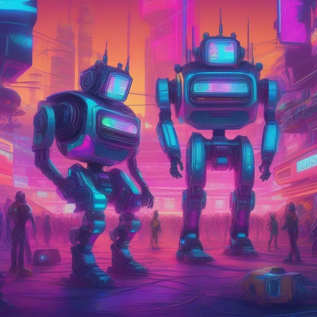 This futuristic cityscape features two robots standing side by side, surrounded by towering skyscrapers and neon lights. The robots are depicted in a stylized, retro-futuristic style, with glowing blue and purple accents that give them a sense of otherworldliness. The city itself is bustling with activity, with people going about their daily business amidst the towering buildings and advanced technology.